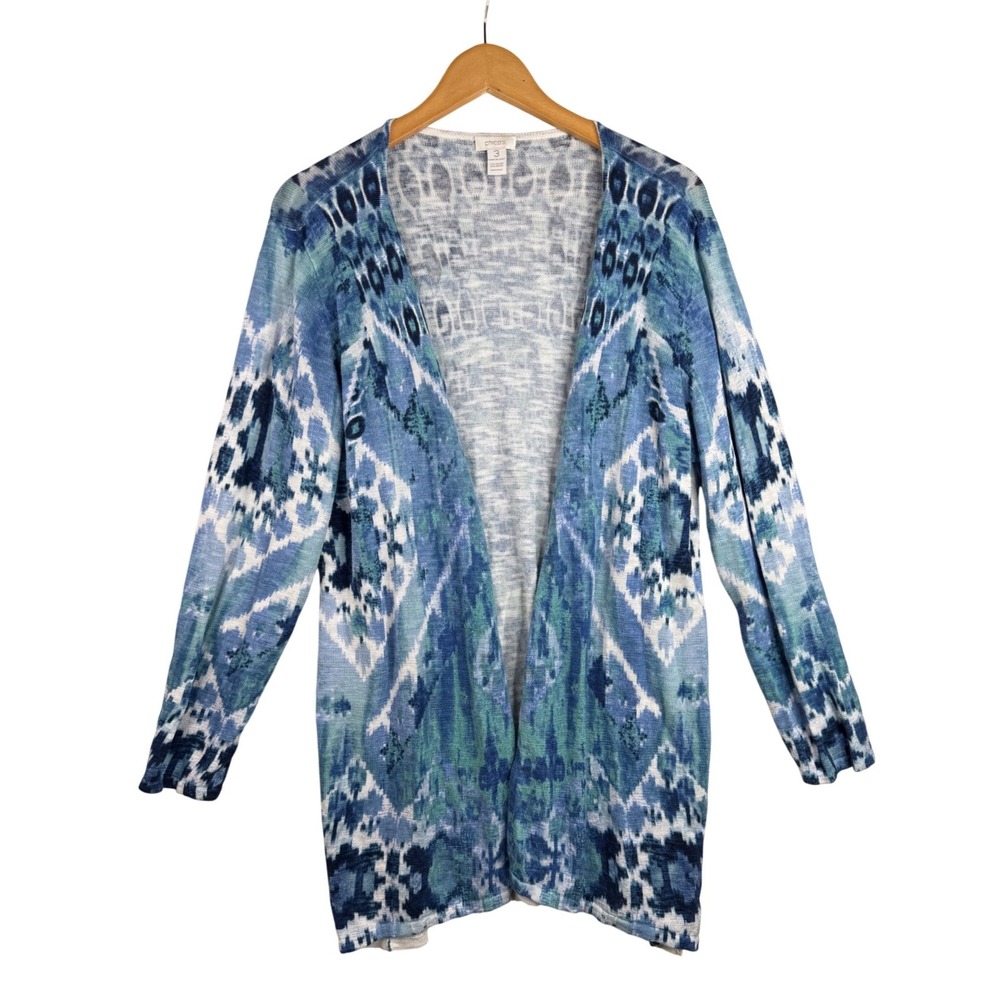 Chico's Ikat Open Front Lightweight Longline Cardigan size 3 (US XL) Blue/White